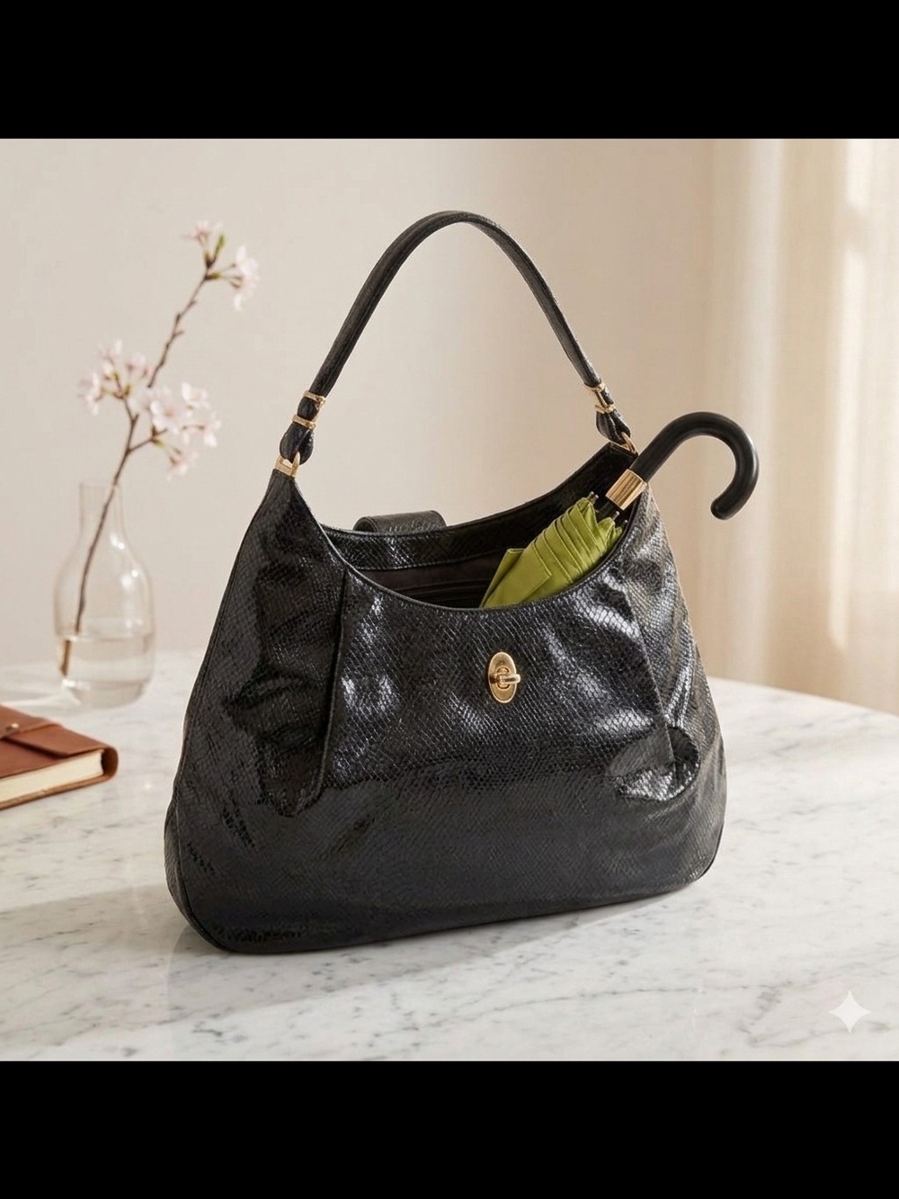 Vintage Black Bag with Rare Built-In Umbrella Sleeve Holder